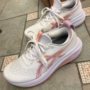 ASICS Gel - Nimbus 27 White/Light Ube Running Shoes with Pink & Peach Accents